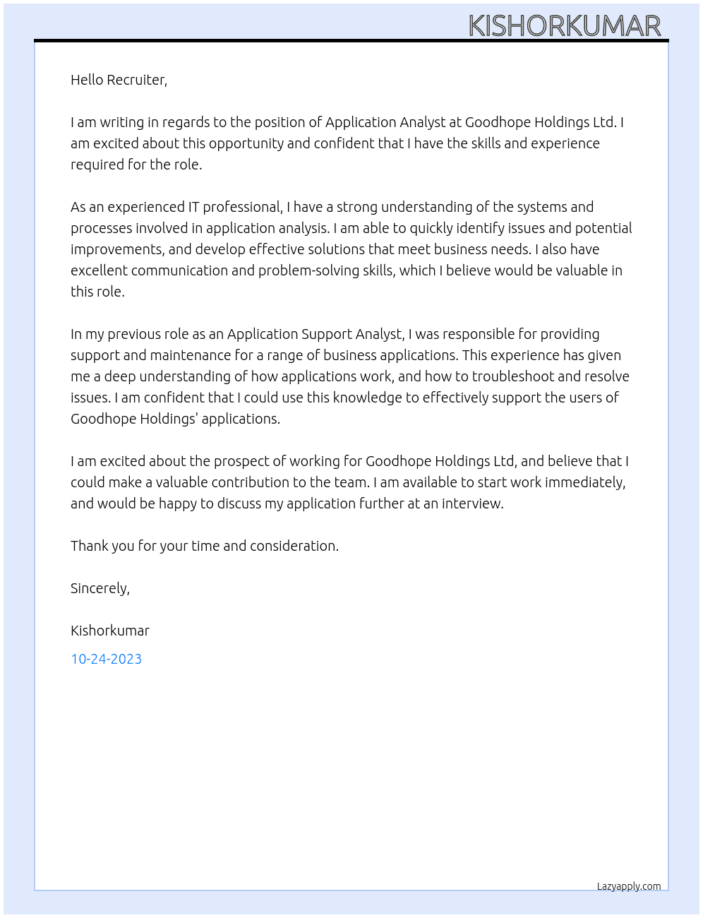 appication anaystis  At goodhopeholdinngsltd  Cover Letter