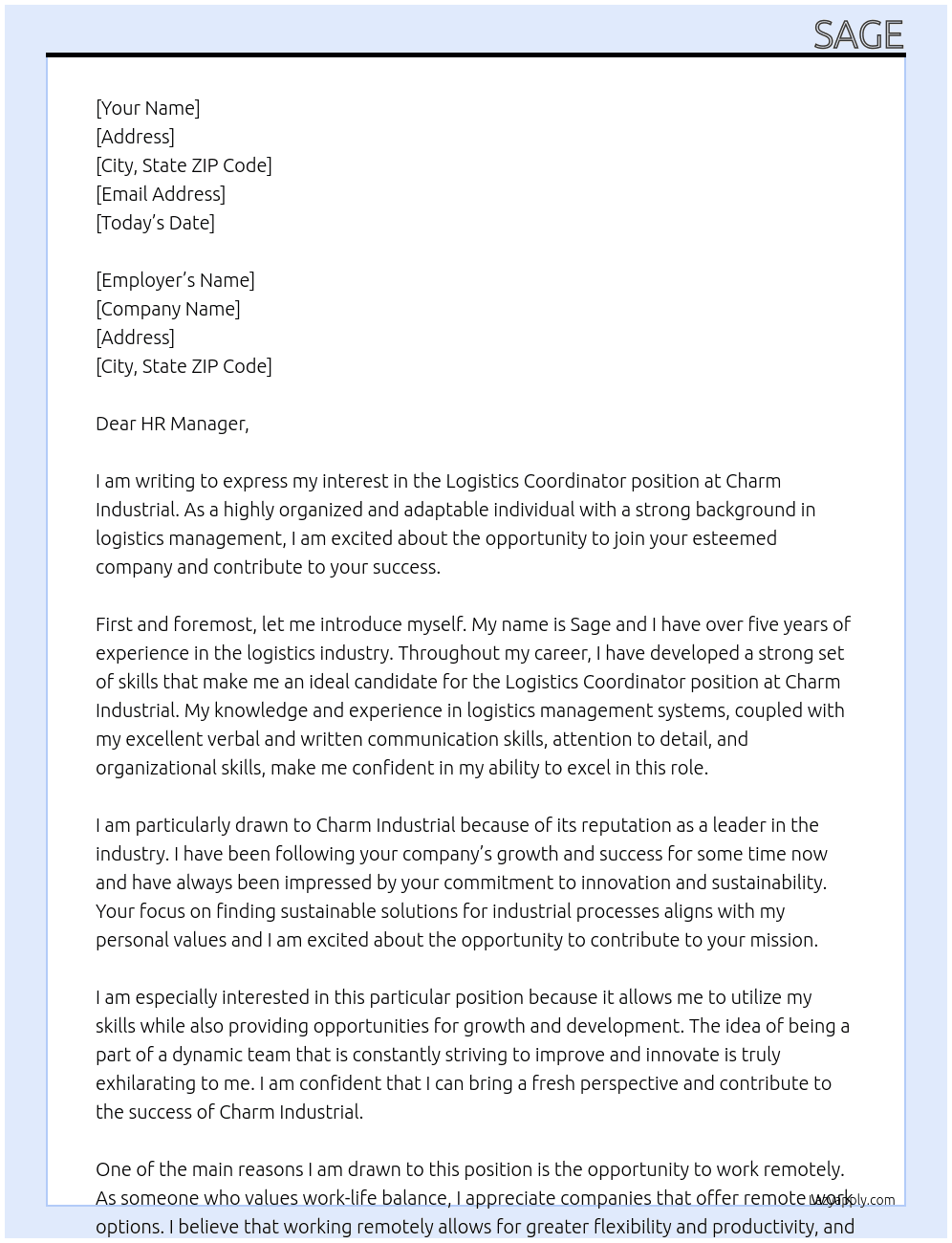 Logistics Coordinator At Charm Industrial Cover Letter
