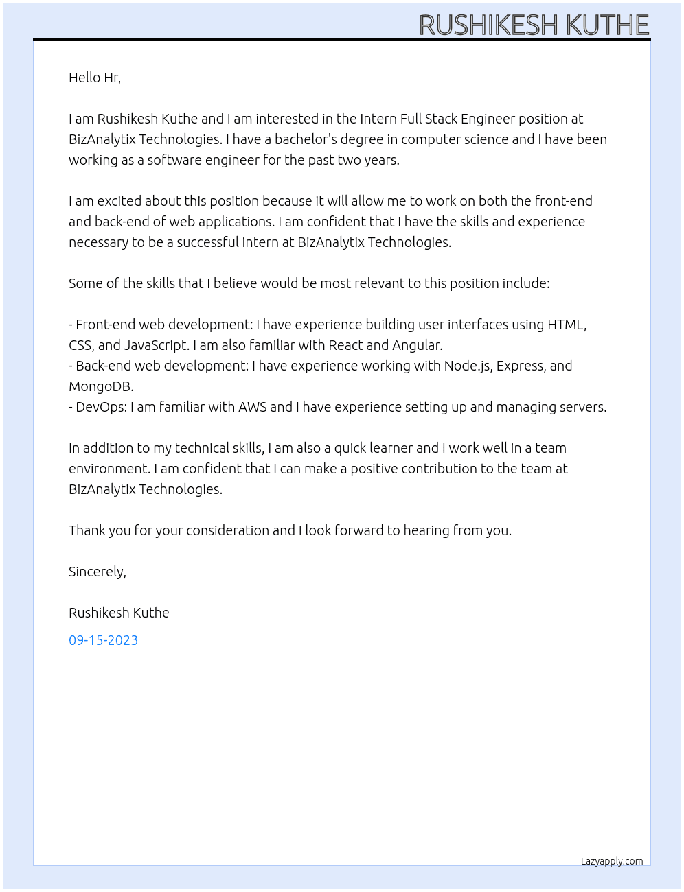 Intern Full Stack Engineer At BizAnalytix Technologies Cover Letter