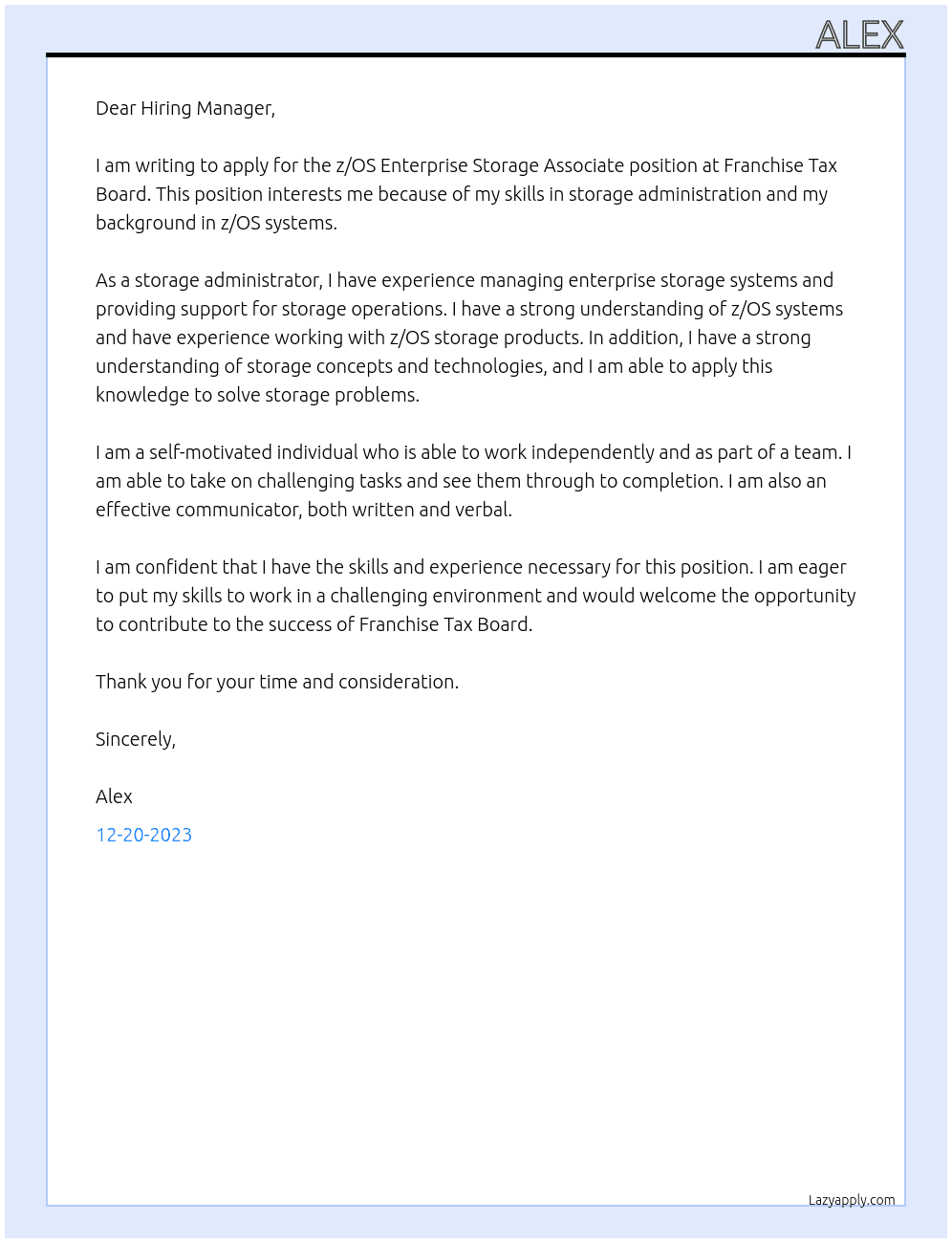  z/OS Enterprise Storage Associate  At   Franchise Tax Board Cover Letter