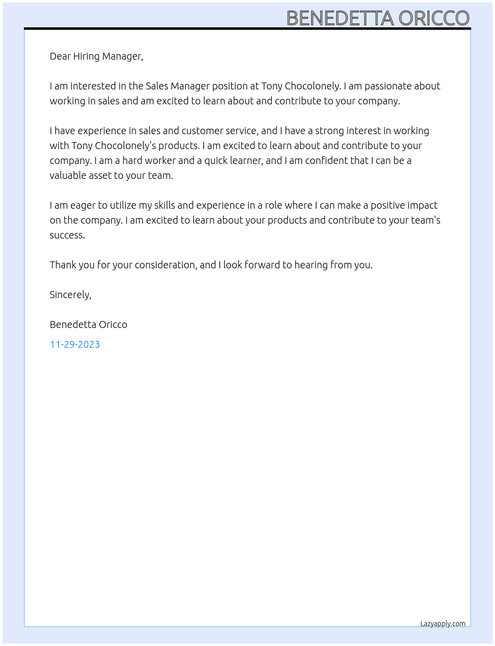Sales Manager At Tony Chocolonely Cover Letter