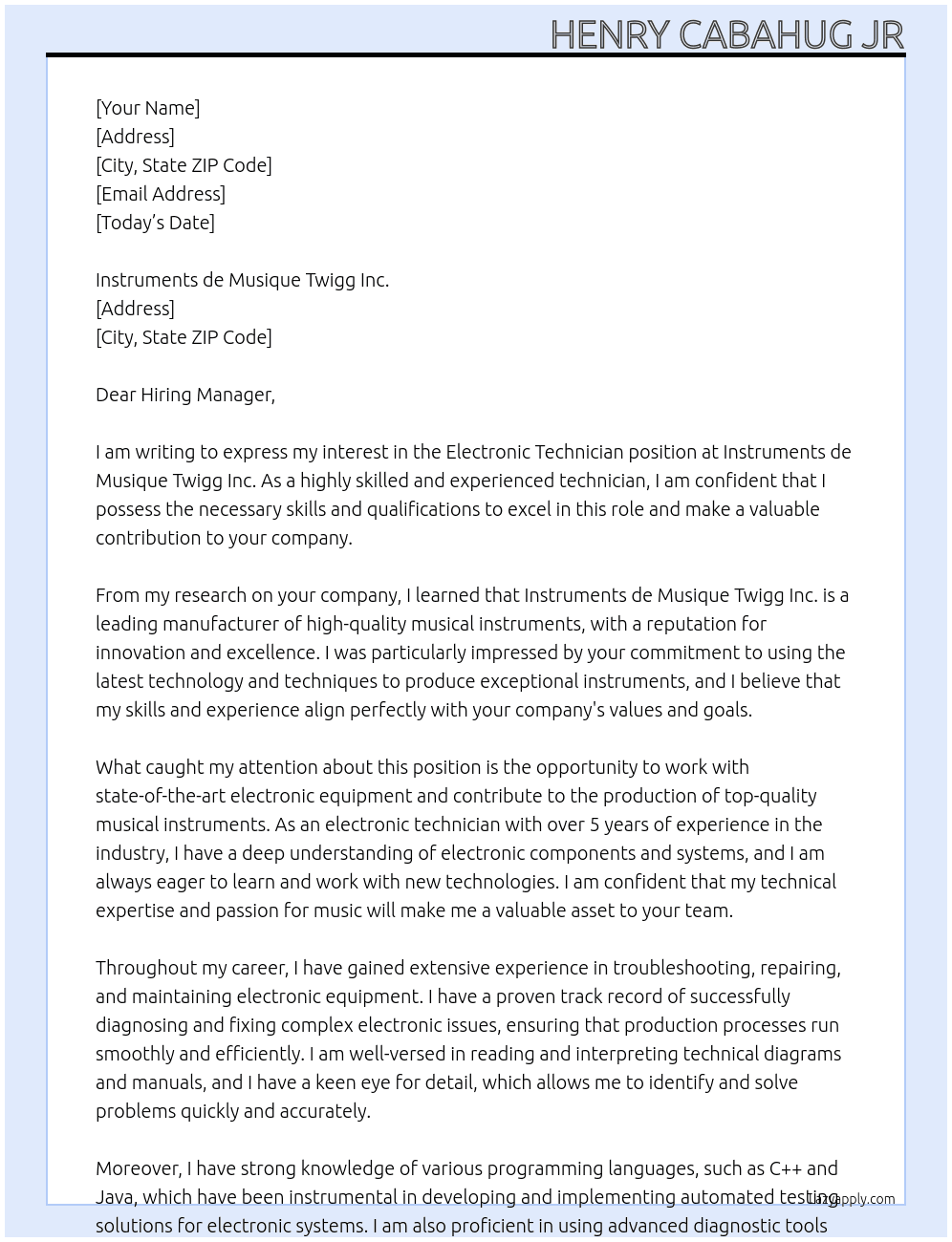 Electronic Technician At Instruments de Musique Twigg Inc. Cover Letter