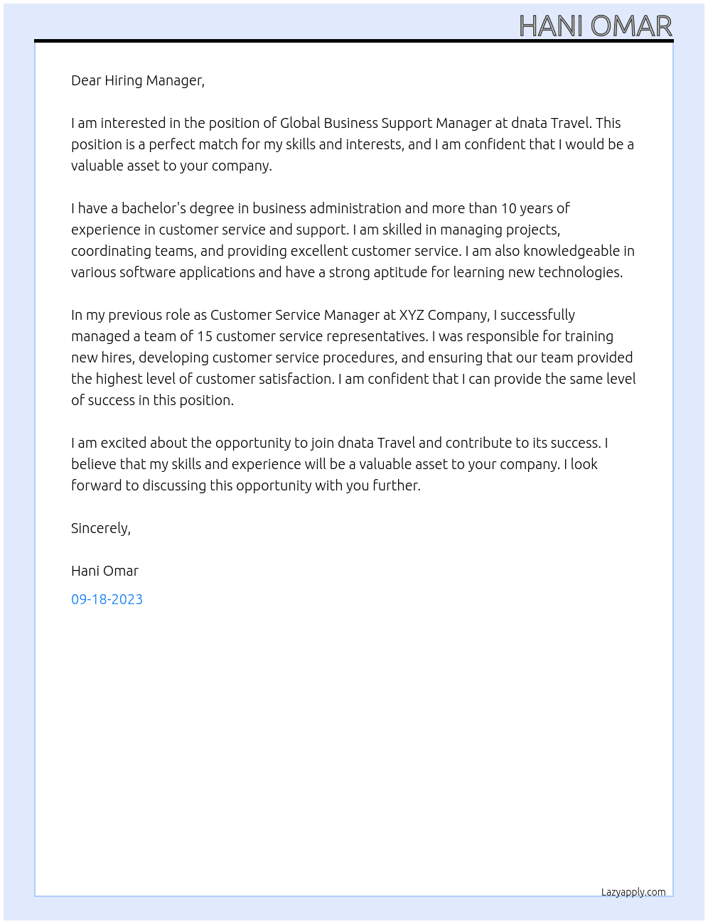 Global Business Support Manager At dnata Travel Cover Letter