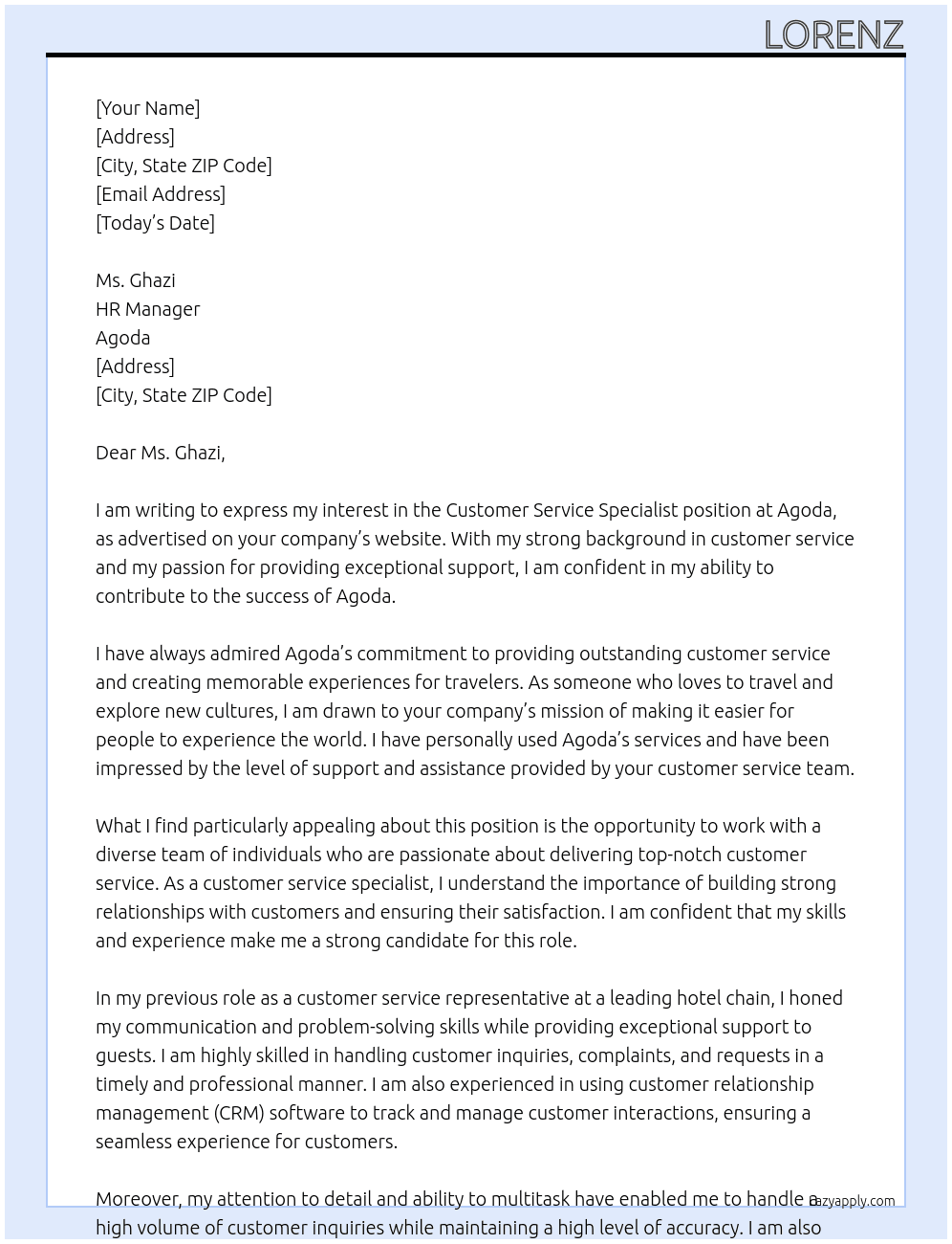customer service specialist At agoda Cover Letter