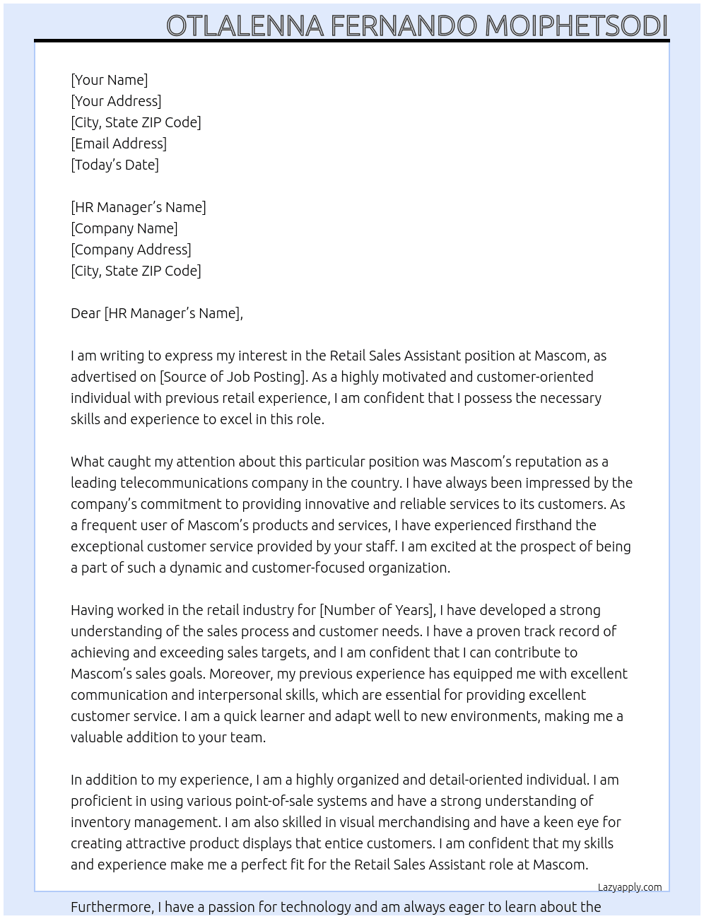 Retail Sales Assistant At Mascom Cover Letter
