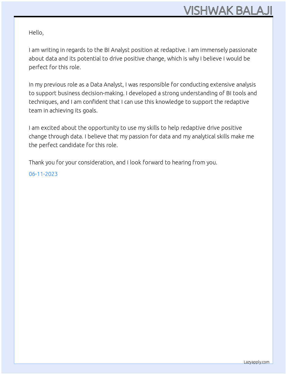 BI Analyst At redaptive Cover Letter