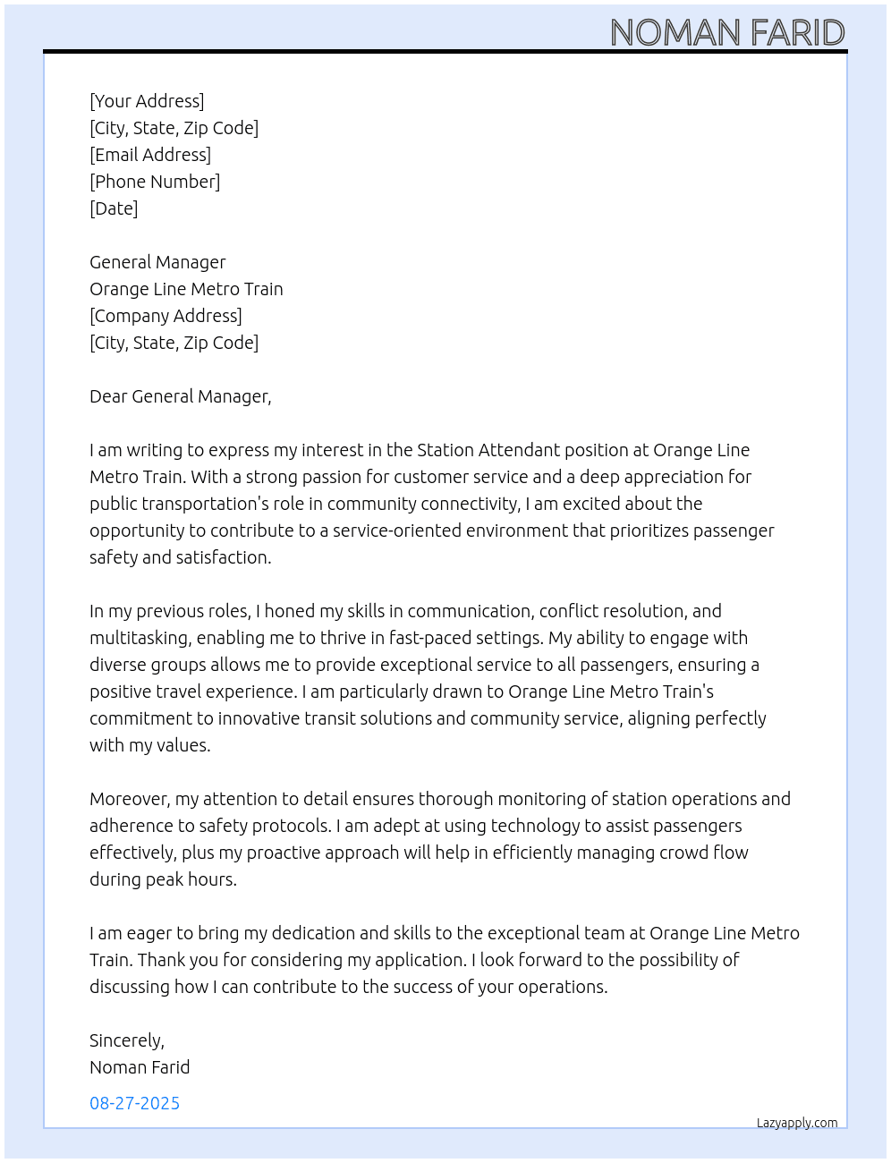 Station Atendant At Orange Line Metro Train Cover Letter