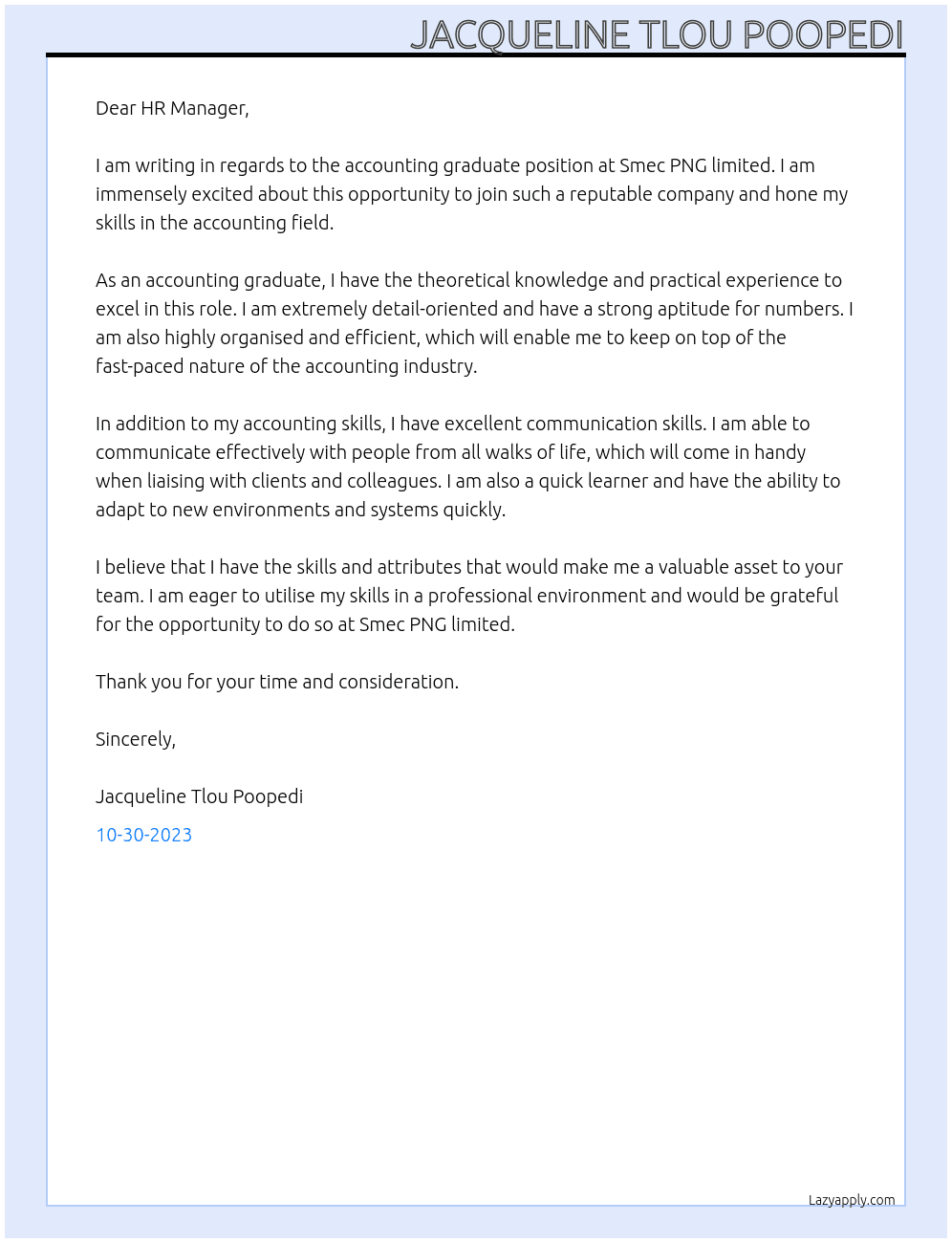 Accounting Graduate  At Smec PNG limited  Cover Letter
