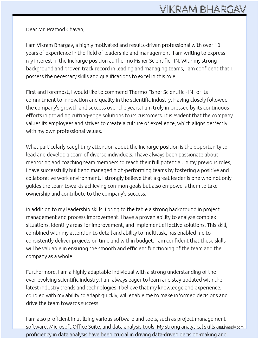 Incharge At Thermo Fisher Scientific - IN Cover Letter