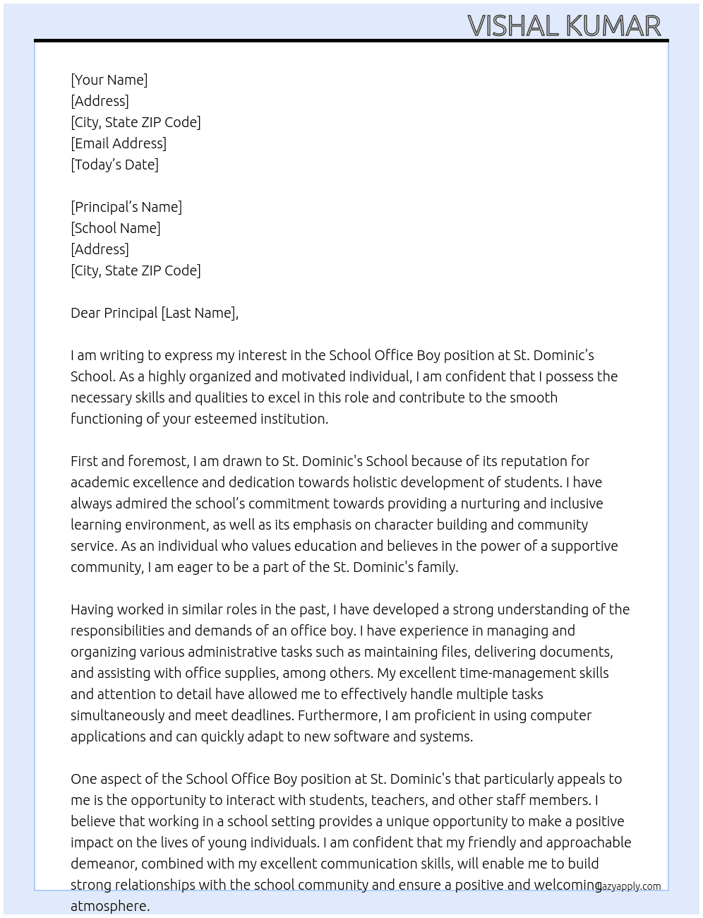 school office boy At St. Dominic's School Cover Letter