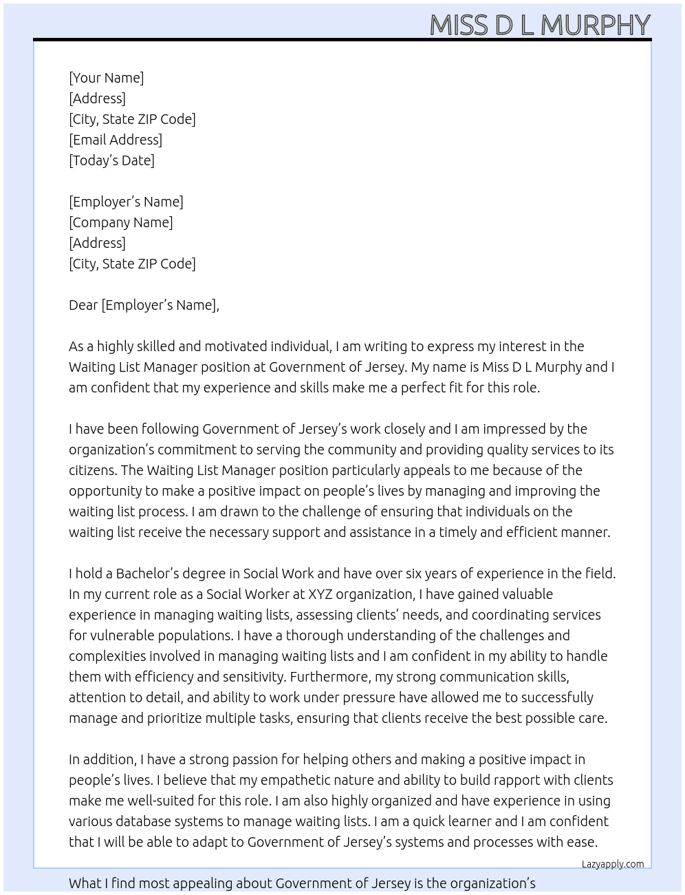 Waiting list manager  At Government of Jersey Cover Letter
