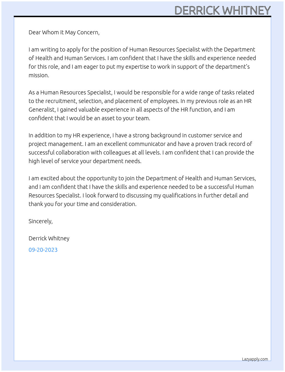 Human Resources Specialist At Department of Health and Human Services Cover Letter