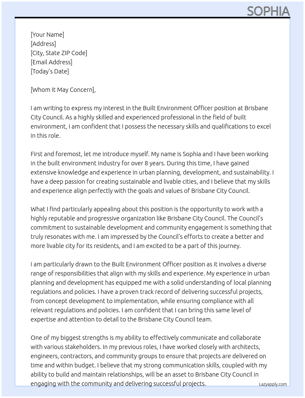 Built Environment Officer  At Brisbane City Council Cover Letter