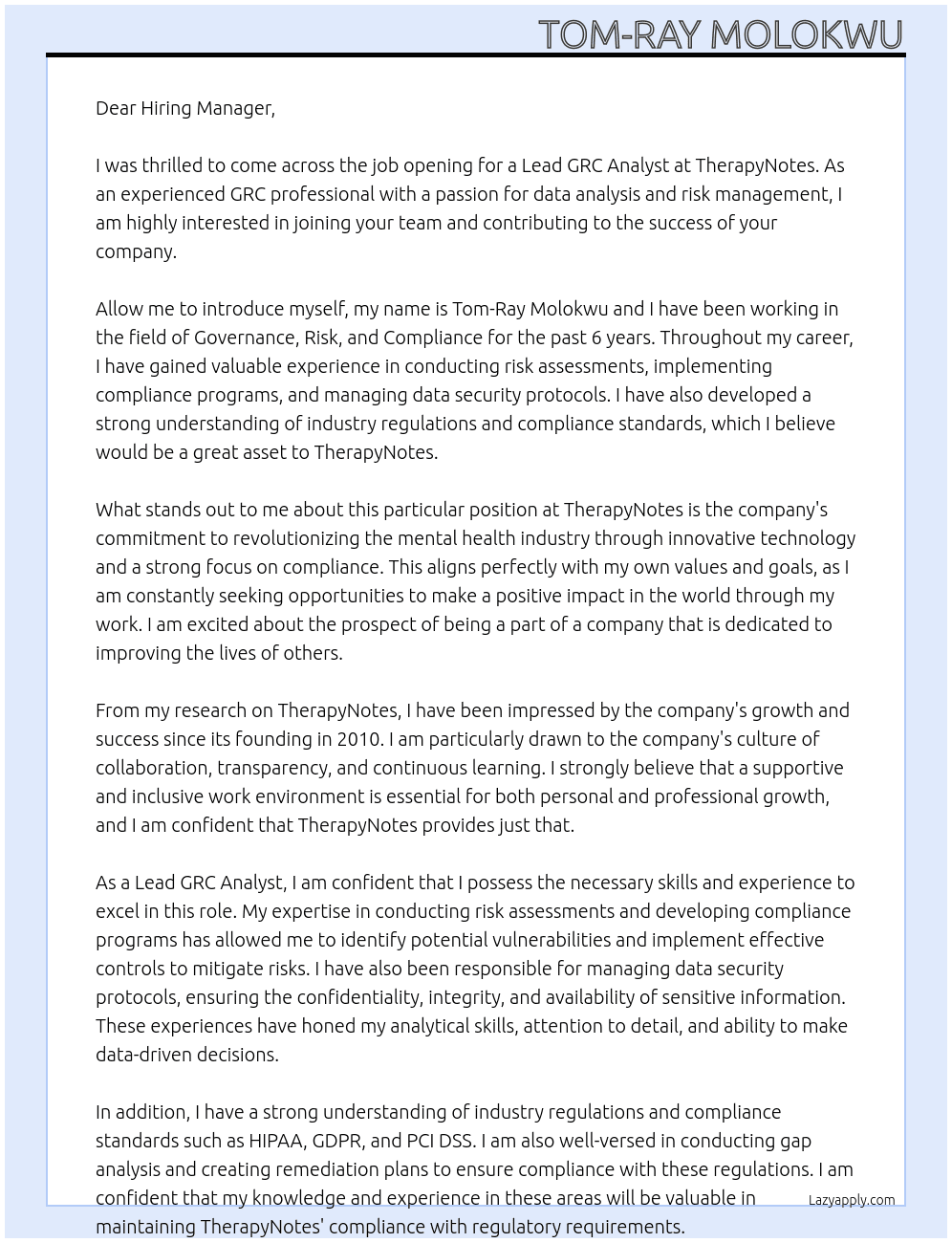 Lead GRC Analyst At TherapyNotes Cover Letter