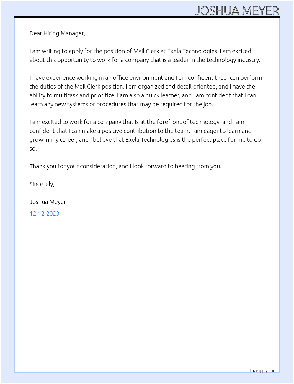 Mail Clerk At Exela Technologies Cover Letter