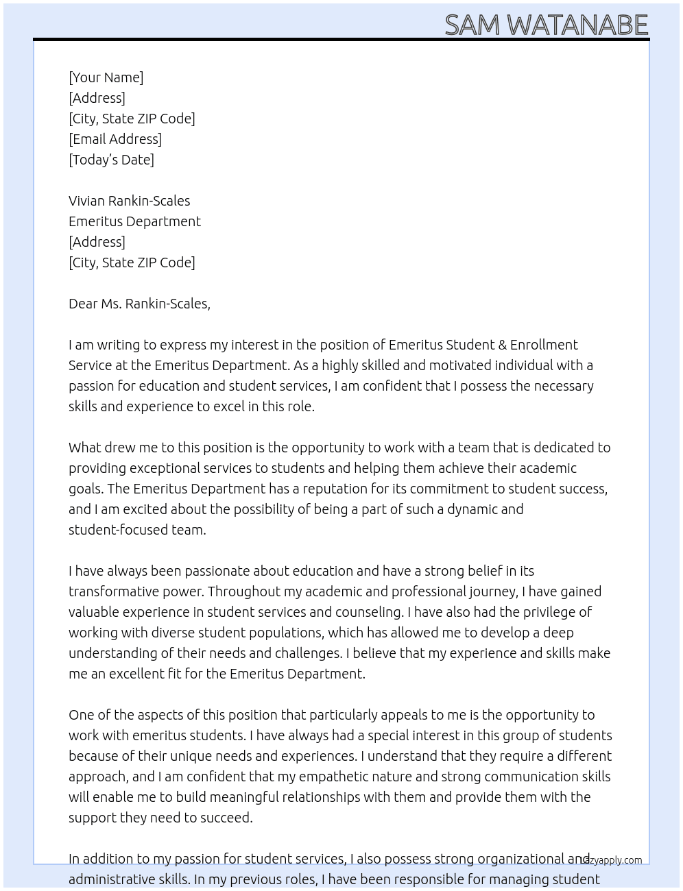 Emeritus Student & Enrollment Service At EMERITUS DEPARTMENT Cover Letter