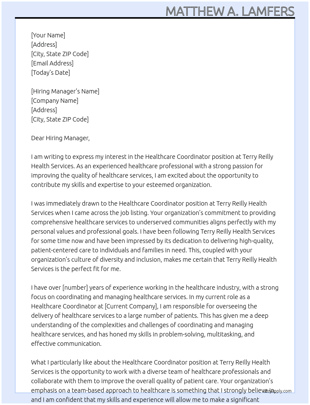 Healthcare Coodinator At Terry Reilly Health Services Cover Letter