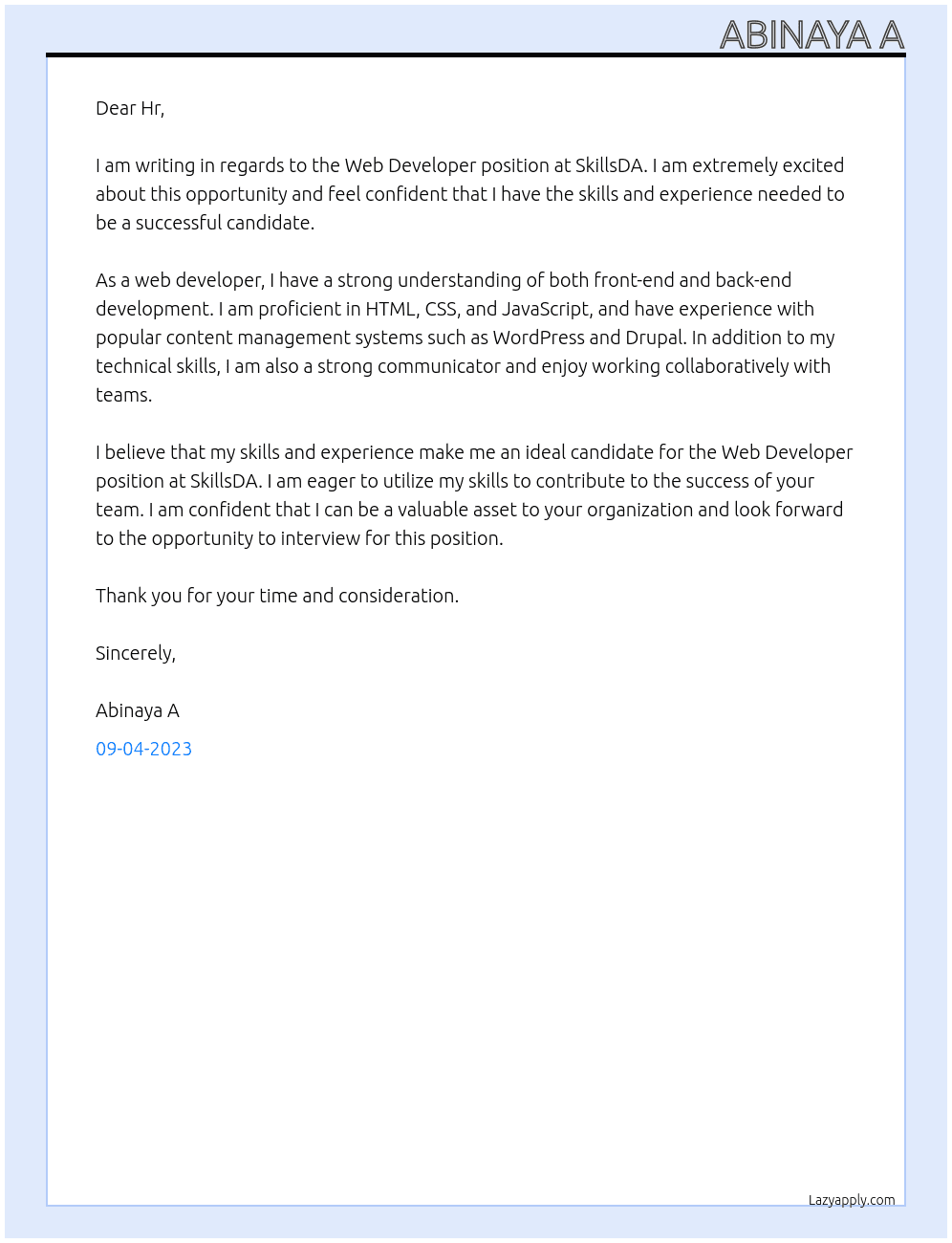 Web Developer  At SkillsDA Cover Letter