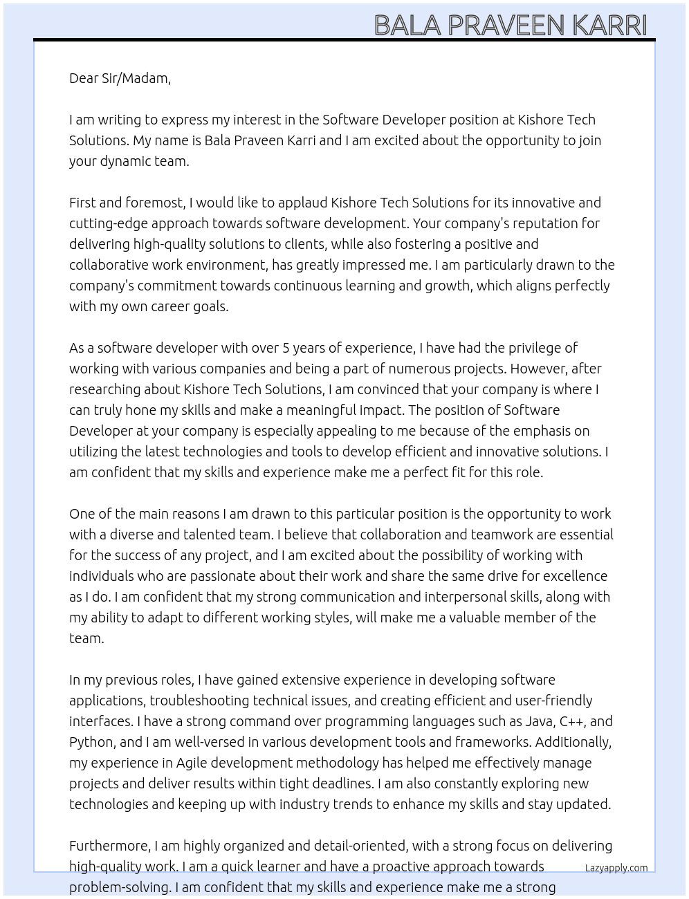 Sowtware Developer At Kishore Tech Solutions Cover Letter