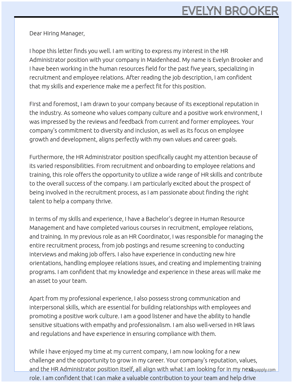 HR Administrator At unknown Cover Letter