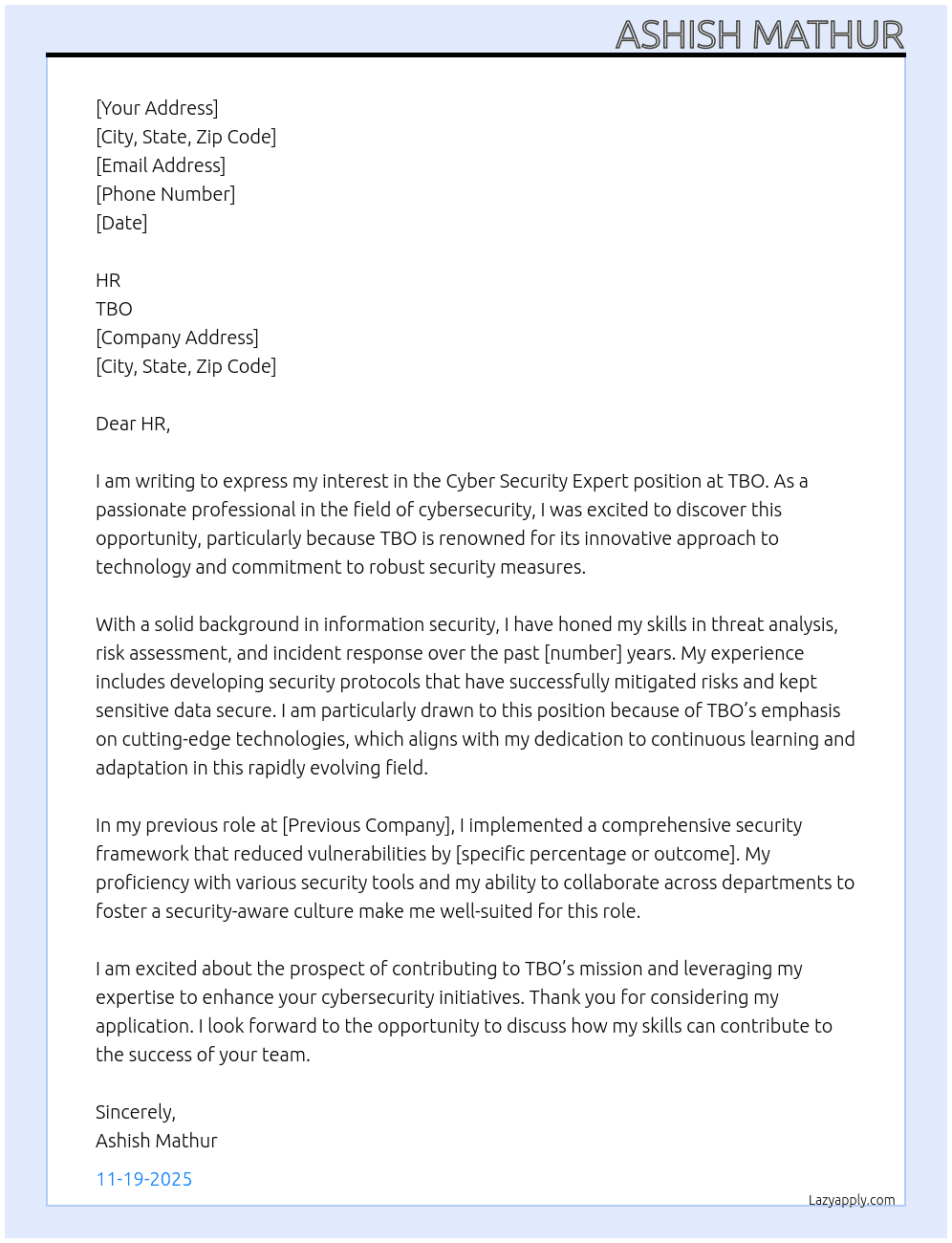 Cyber Security Expert At TBO Cover Letter