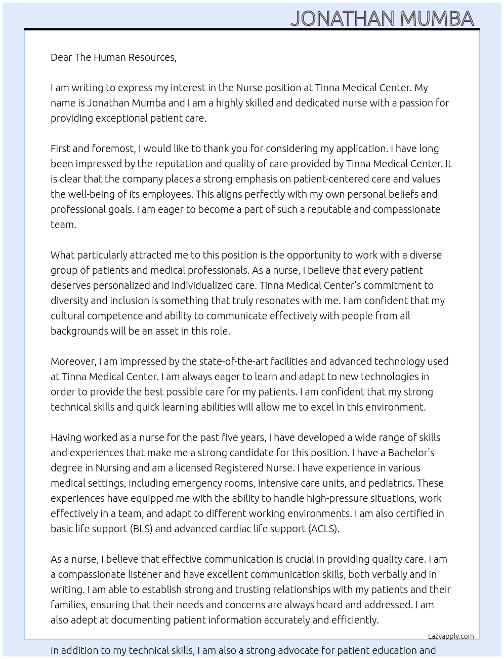 Nurse  At Tinna medical center  Cover Letter