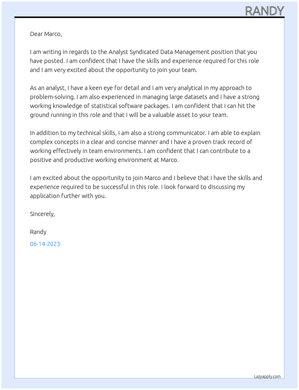 Analyst Syndicated Data Management At Marco Cover Letter