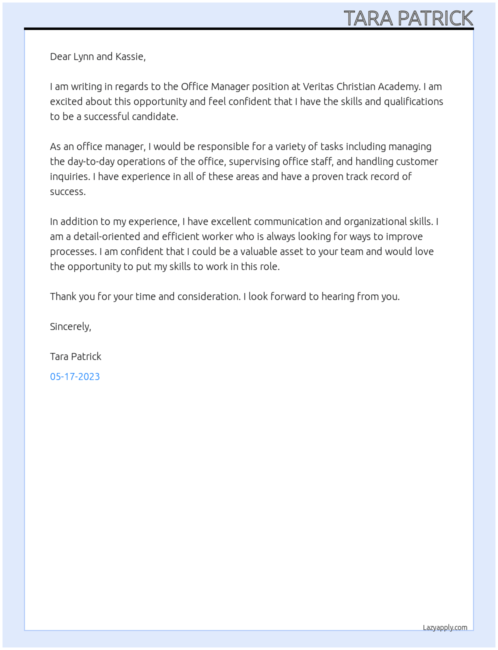 Office Manager  At Veritas Christian Academy Cover Letter
