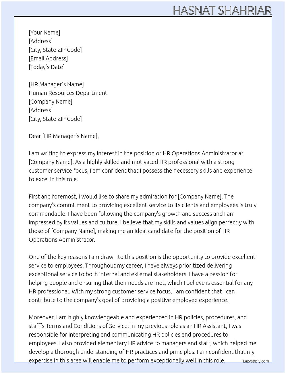 HR Operations Administrator At Human Resources Department Cover Letter