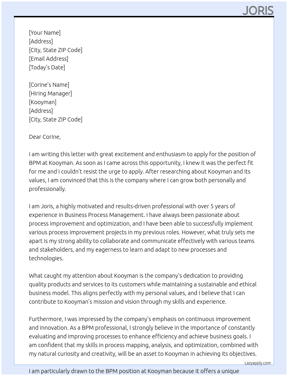 BPM At Kooyman Cover Letter
