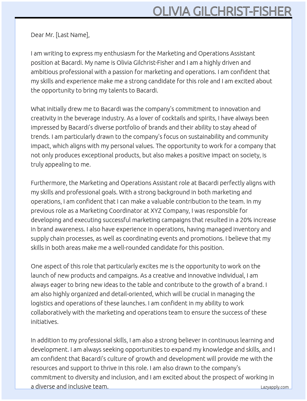 Marketing and operations assistant At Bacardi Cover Letter