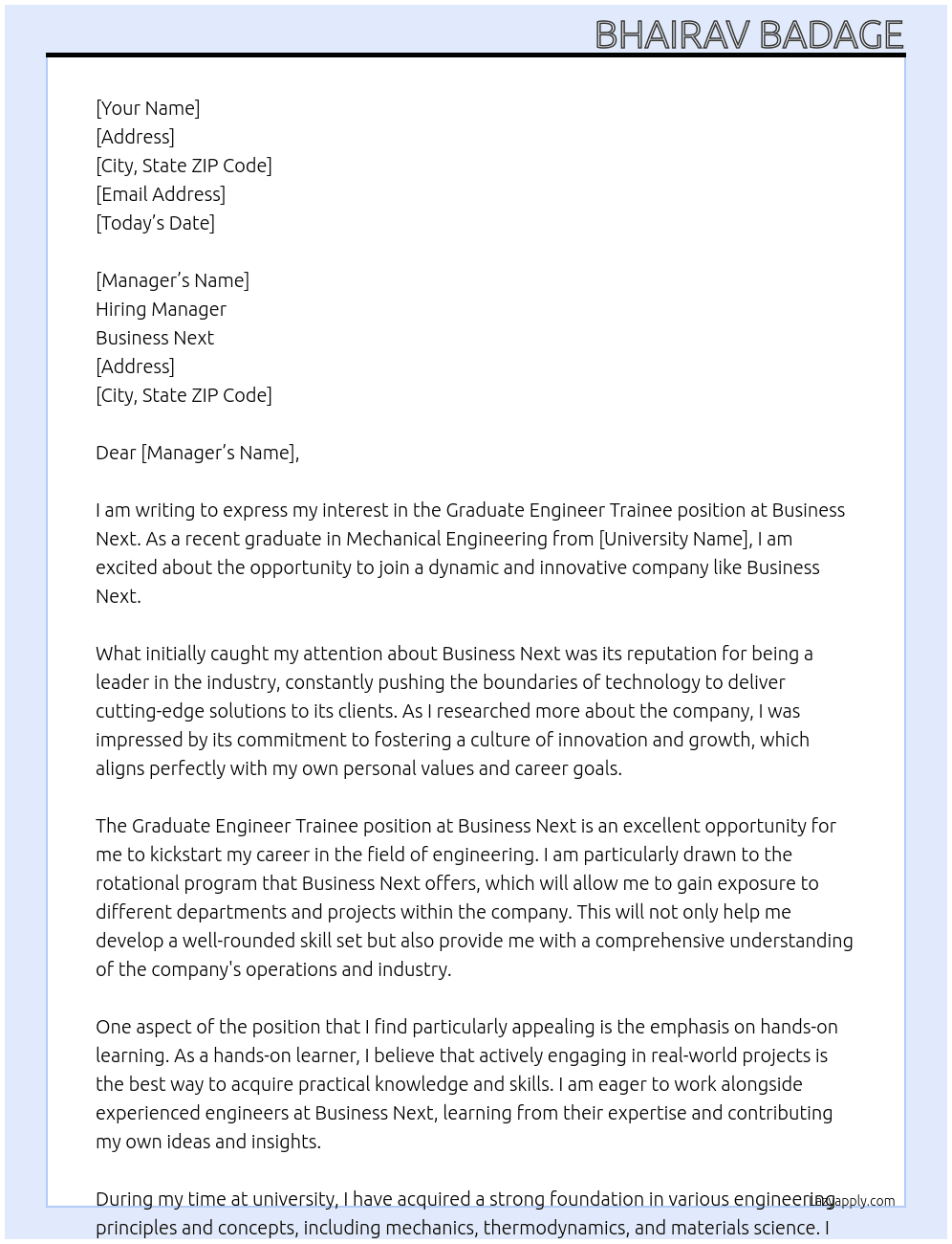   Graduate Engineer Trainee At Business Next Cover Letter