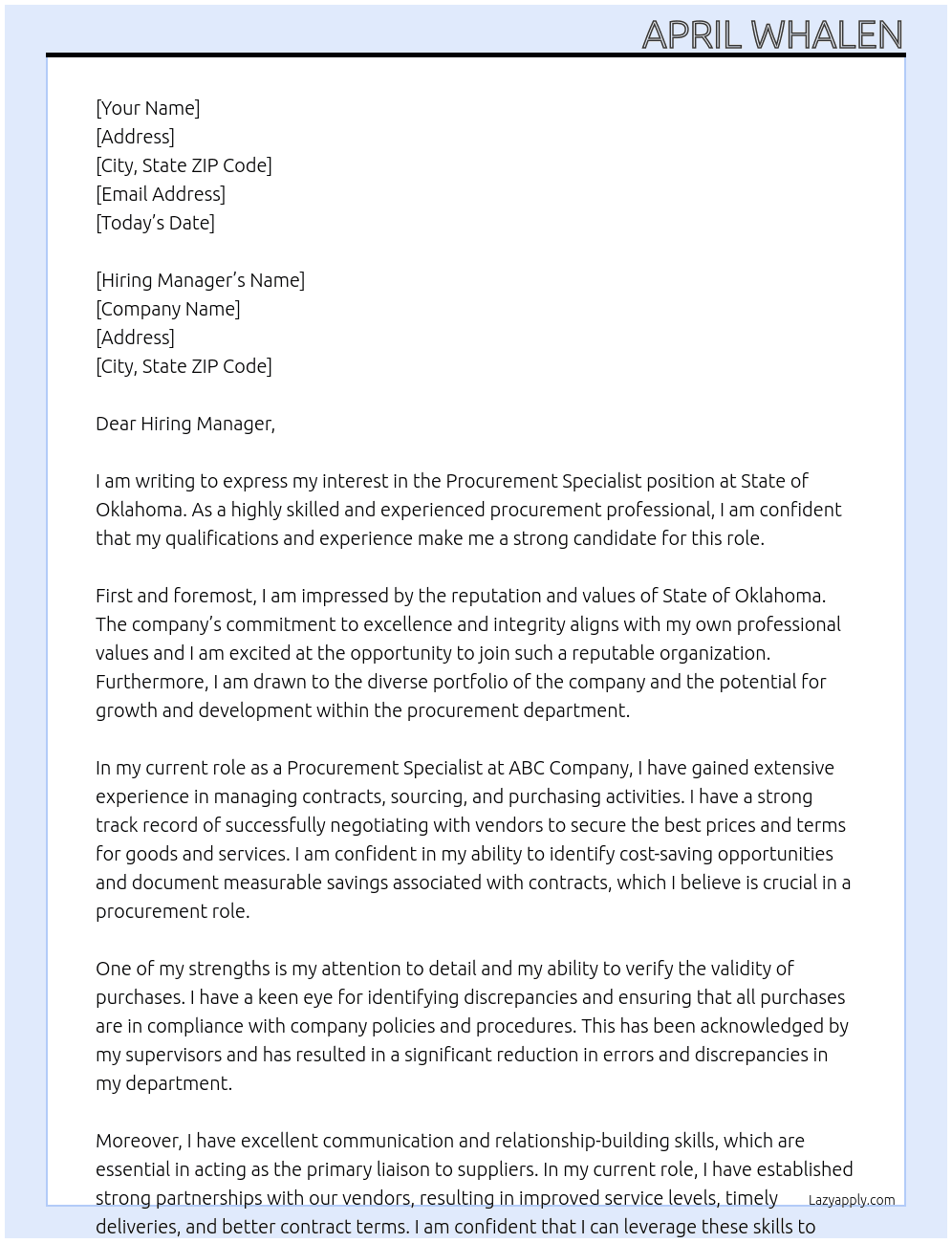 Procurement Specialist At State of Oklahoma Cover Letter