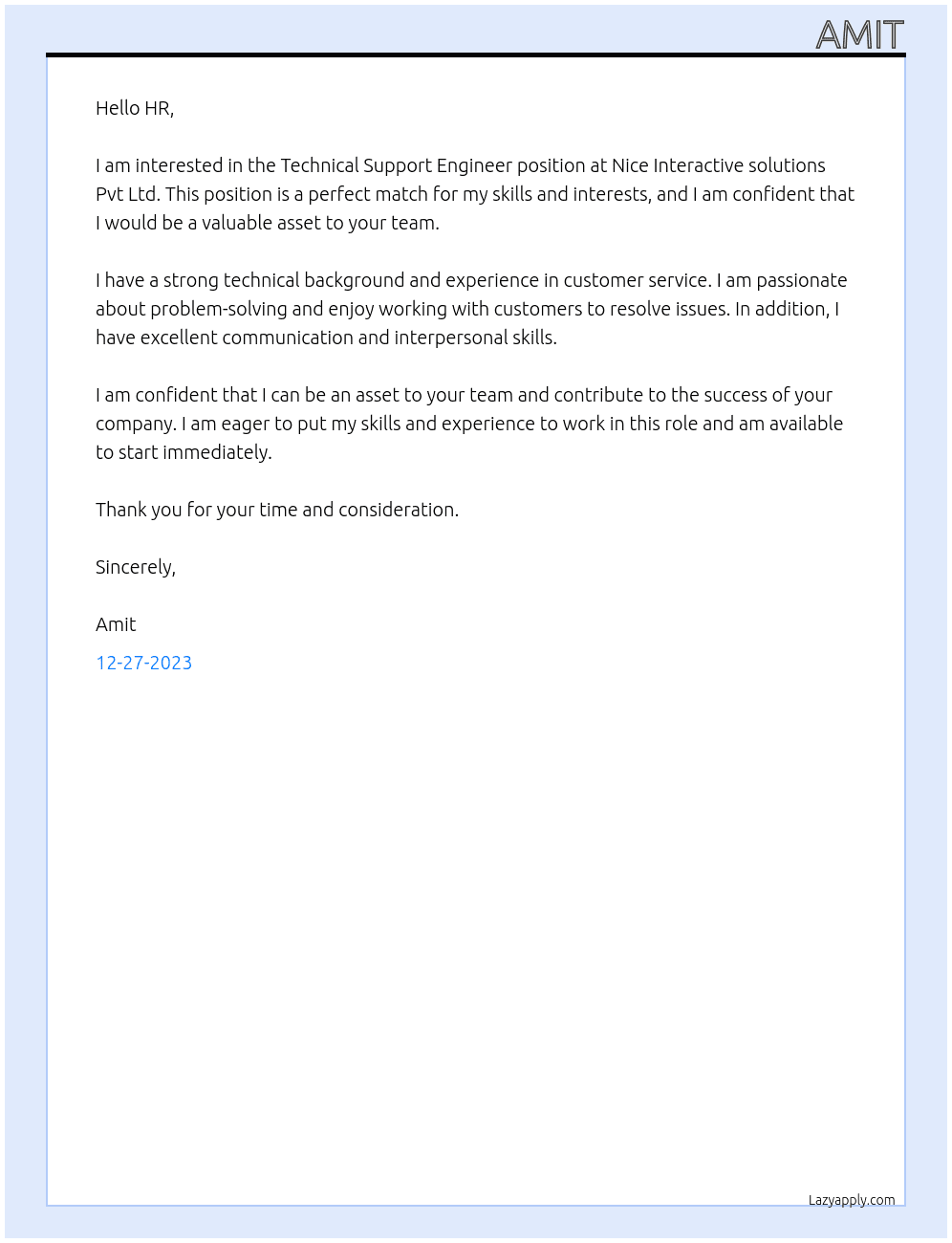Technical Support Engineer At Nice Interactive solutions Pvt Ltd Cover Letter