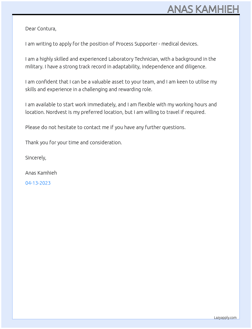 Process Supporter - medical devices At Contura Cover Letter
