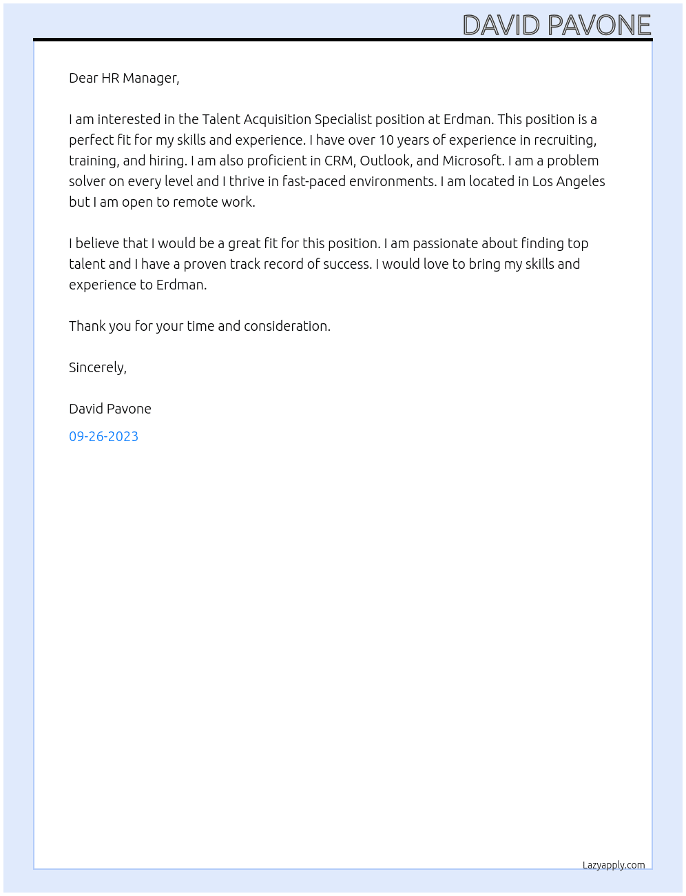 Talent Acquisition Specialist At Erdman Cover Letter