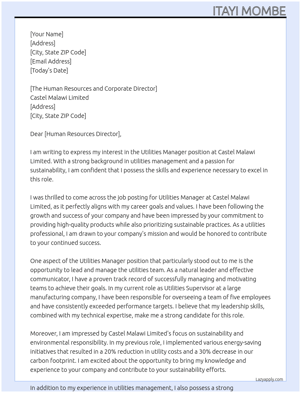 Utilities Manager At Castel Malawi Limited Cover Letter