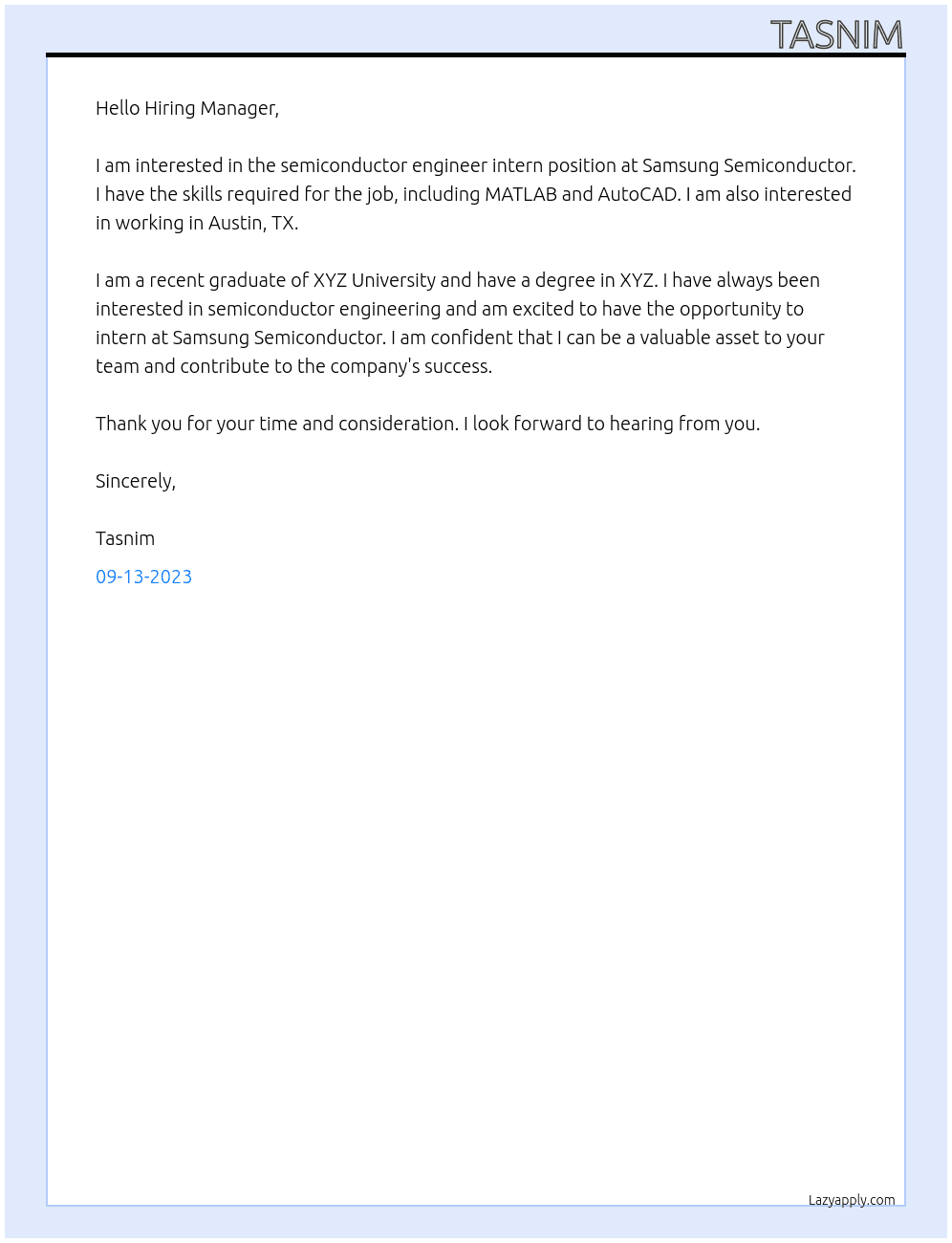 Semiconductor Engineer Intern At Samsung Semiconductor Cover Letter