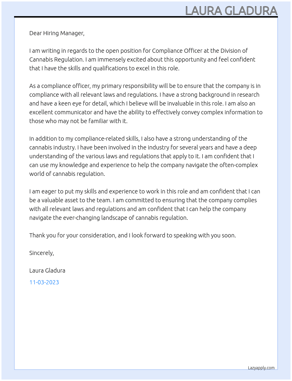 Compliance Officer At Division of Cannabis Regulation Cover Letter