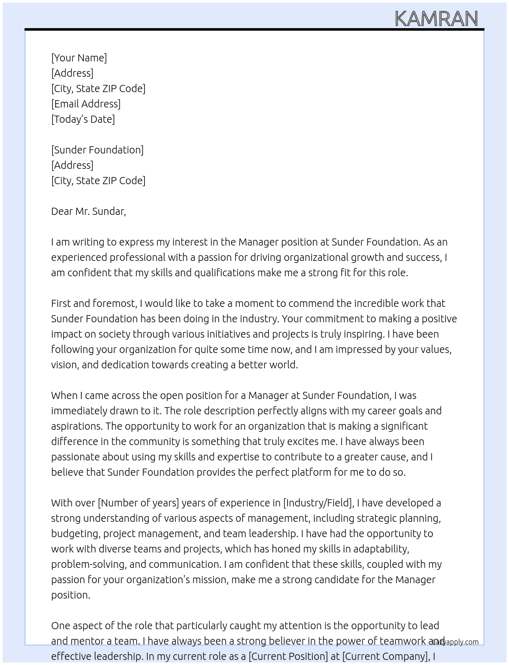 Manager  At Sunder foundation  Cover Letter