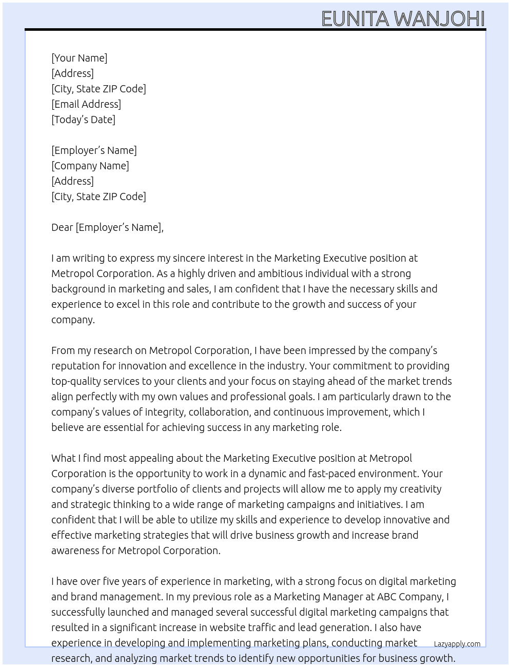Marketing Executive  At Metropol Corporation  Cover Letter
