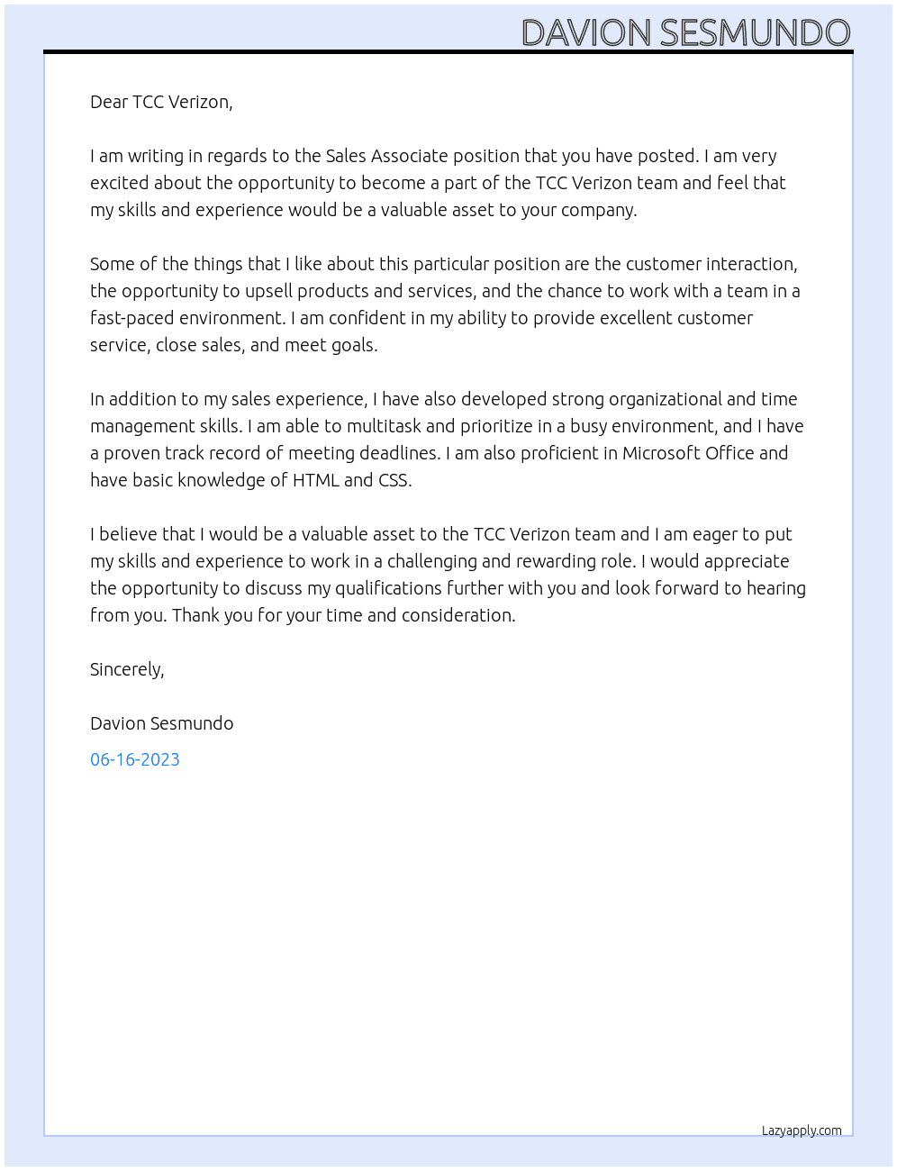 Sales Associate  At TCC Verizon Cover Letter