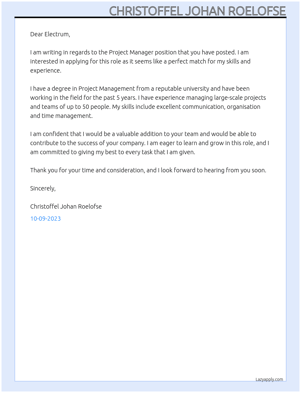 Project Manager At Electrum Cover Letter