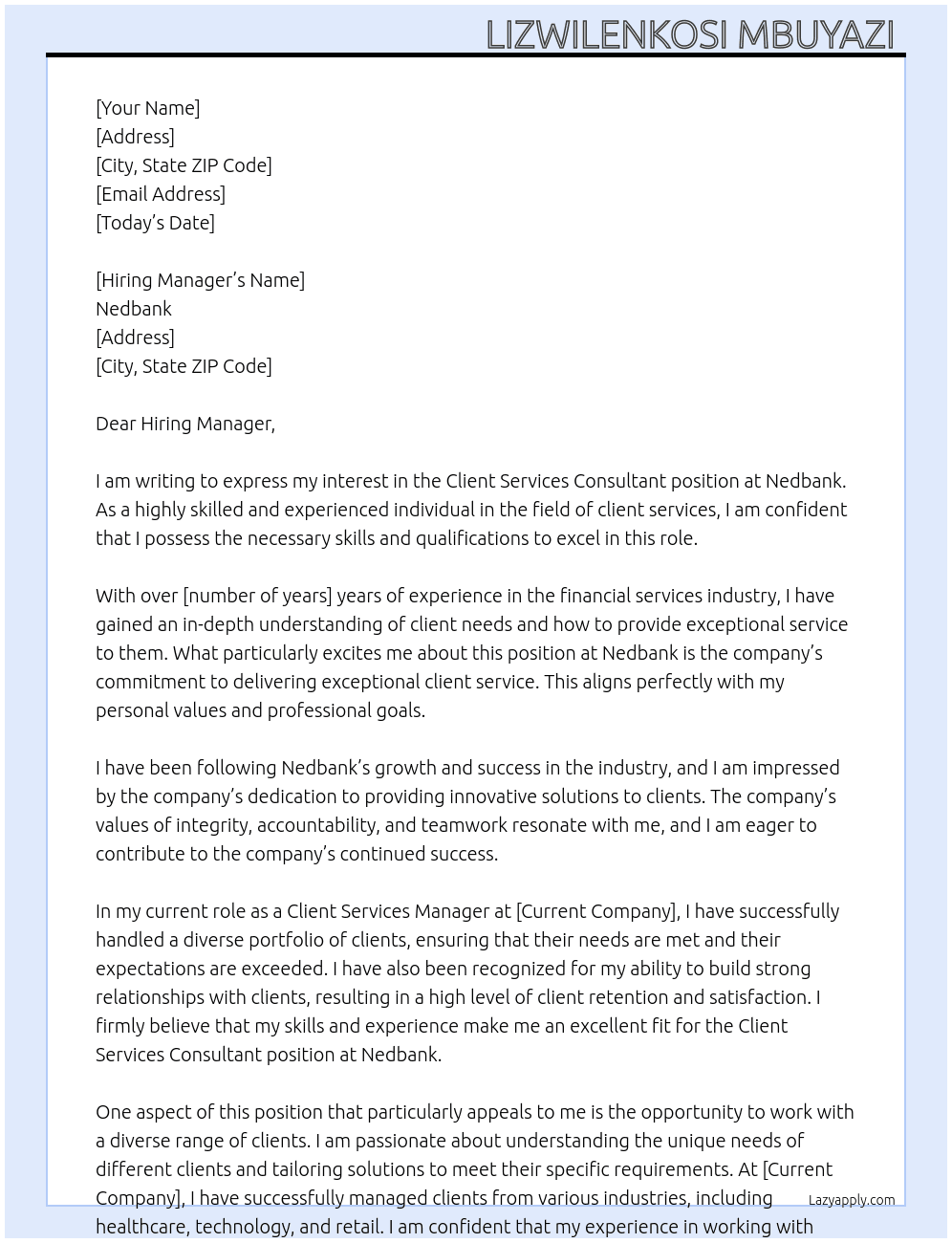 Client services consultant  At Nedbank  Cover Letter