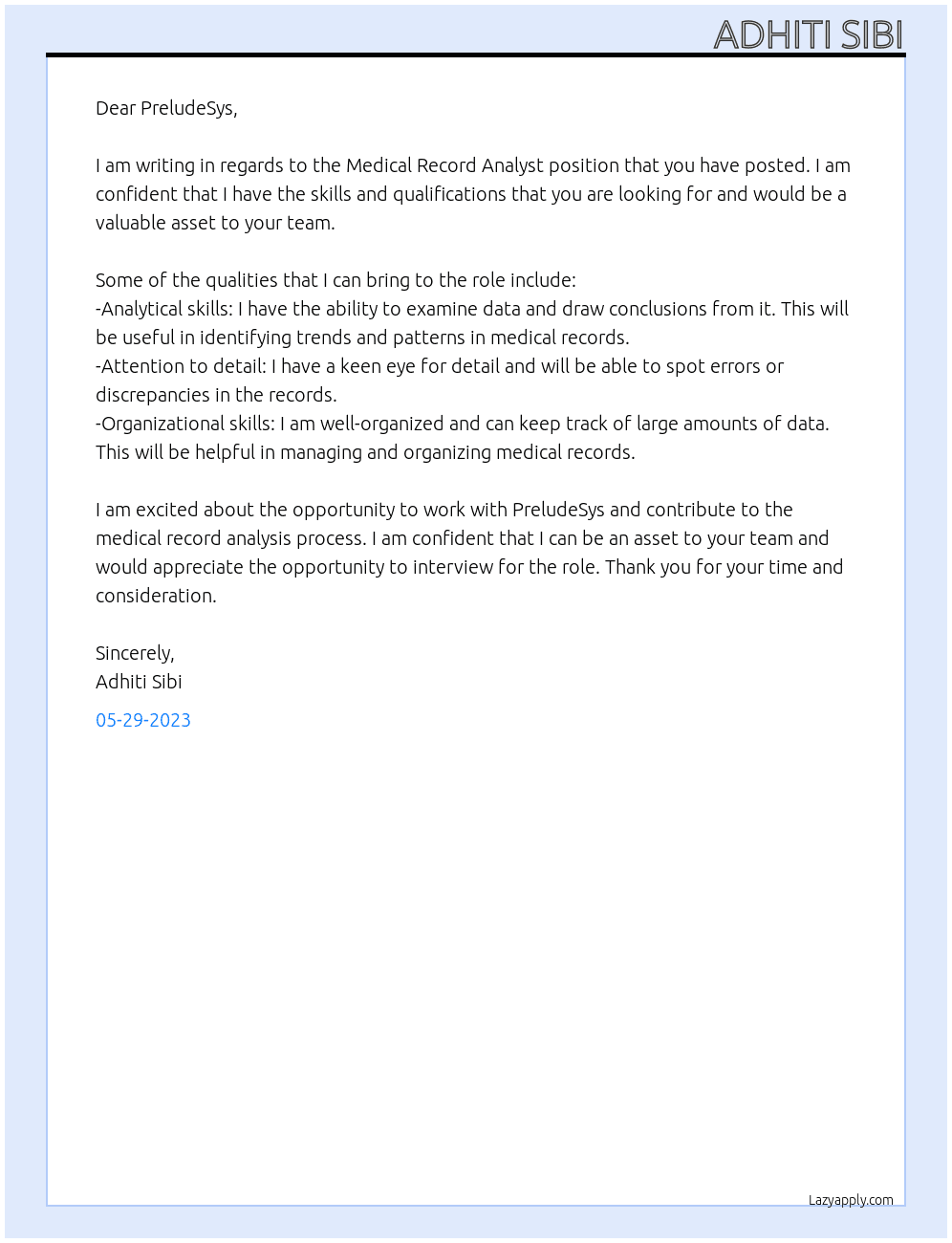 Mediacal record analyst At PreludeSys Cover Letter