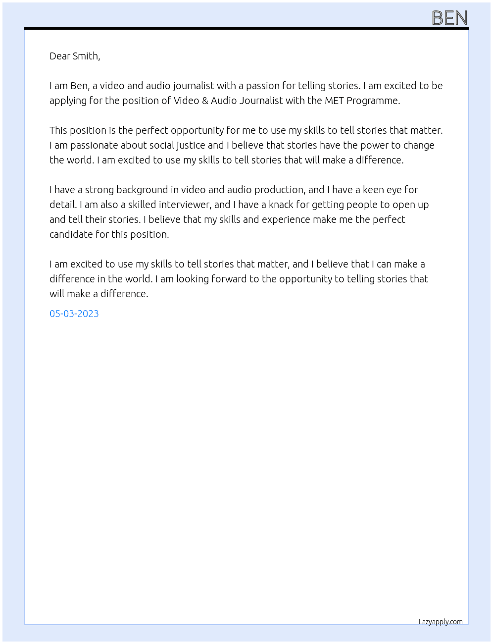 Video & Audio Journalist At MET Programme Cover Letter