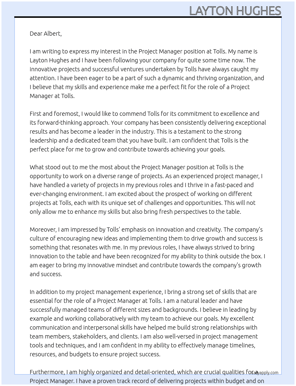 Project Manager At Tolls  Cover Letter