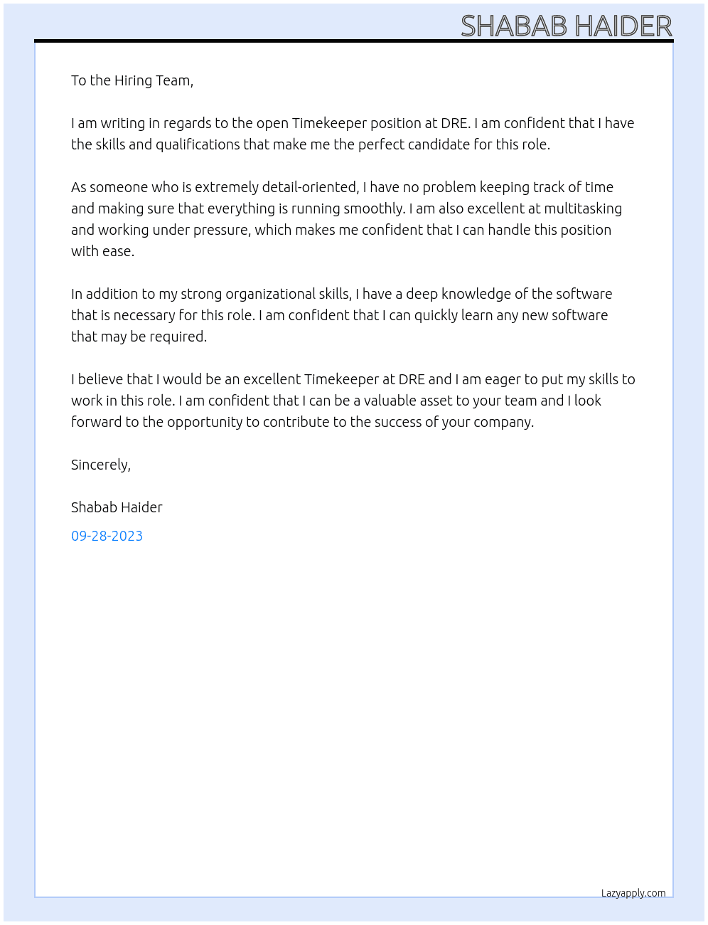 Timekeeper At DRE uae Cover Letter