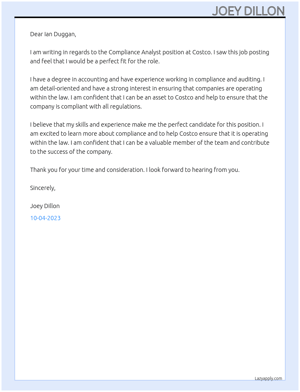 Compliance Analyst At Costco Cover Letter