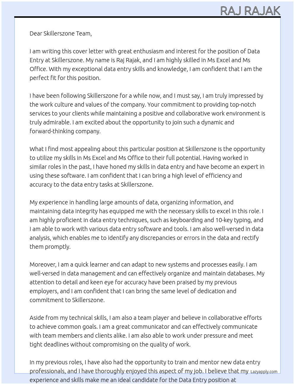 Data entry  At Skillerszone Cover Letter